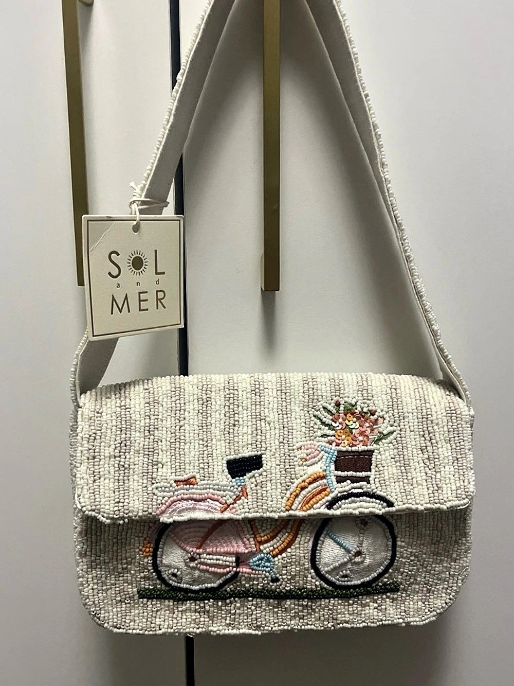Sol and Mer Beaded Bicycle Baguette Shoulder Bag Cream NWT